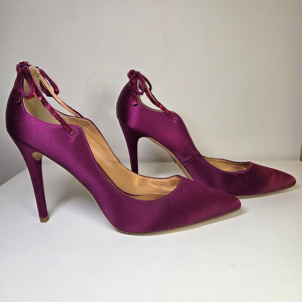 Badgley Mischka Magenta Satin Sequin Bow Pointed Toe Stiletto Pumps Womens 7M